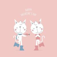 carino e bello coppia bianca gatto con pesce, contento San Valentino giorno, amore concetto, piatto vettore illustrazione cartone animato personaggio costume design