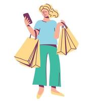 femmina personaggio con shopping borse e mobile Telefono. urbano stile di vita e in linea acquisti. mano disegnato piatto vettore illustrazione