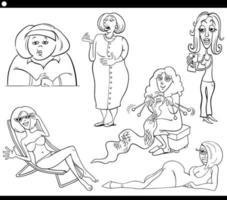 fumetto donna personaggi comici impostare libro da colorare pagina vettore
