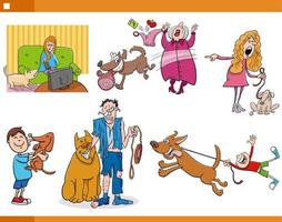 cartone animato animale domestico proprietari con loro cani comico impostato vettore