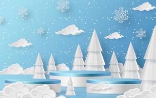 3d inverno vendita podio per bandiera illustrazione su festivo modello con i fiocchi di neve concetto su colore sfondo. vettore