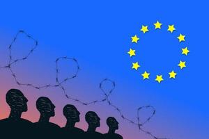 un' silhouette di persone con spinato filo al di sopra di loro e un' cartello di Unione Europea. un' metafora di Visa restrizioni per russi per accedere il europeo unione. vettore