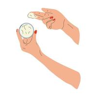 femmina mani con crema. donna l'applicazione trattamento lozione. mano disegnato vettore illustrazione