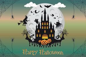 Halloween zucche testa e frequentato Casa castello pipistrello spaventoso alberi strega con pieno chiaro di luna ombra vettore