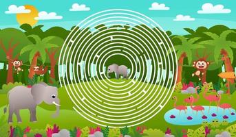 tropicale giungla foresta cerchio labirinto per bambini con carino elefante personaggi e fenicotteri con rane, Aiuto per trova giusto modo, stampabile foglio di lavoro nel cartone animato stile per scuola, animale natura tema vettore