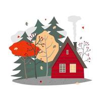 rosso di legno Casa con riscaldamento tra autunno alberi, foglia autunno. vettore