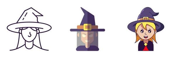 Halloween elementi. vettore icona impostato di strega o femmina mago è disegnato nel linea, piatto e cartone animato stili. Perfetto per app, libri, articoli, I negozi, negozi, annunci