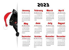 calendario 2023 con nero gatto. carino poco gatto nel Natale cappello. settimana inizia su lunedì. vettore