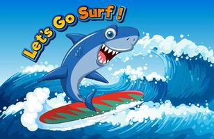 carino squalo fare surf cartone animato oceano scena vettore