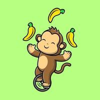 carino scimmia circo giocando Banana con monociclo cartone animato vettore icone illustrazione. piatto cartone animato concetto. adatto per qualunque creativo progetto.