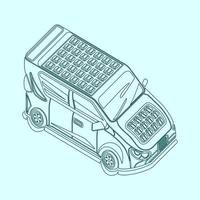 modificabile schema stile di tipo isometrico tre quarti superiore obliquo lato davanti Visualizza elettrico auto con solare pannello per futuristico eco-friendly veicolo e verde vita o rinnovabile energia campagna vettore