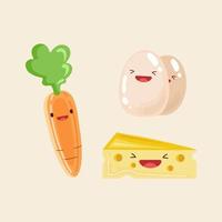 carota, formaggio e pollo uova. vettore icona carino illustrazione. etichetta kawaii cartone animato loghi. cibo concetto. piatto cartone animato stile adatto per ragnatela atterraggio pagina, striscione, etichetta, sfondo.