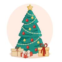 Natale sfondo con decorato albero e regalo scatole. colorato piatto regali per vacanza. moderno design. Natale e nuovo anno elementi per decorazione. vettore illustrazione isolato su bianca.