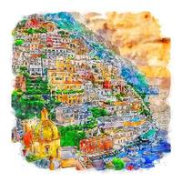 illustrazione disegnata a mano di schizzo dell'acquerello di positano italia vettore