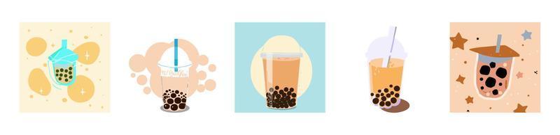 tè al latte con bolle, tè al latte perlato, diversi tipi di boba. gustose bevande. vettore