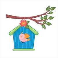 vettore illustrazione primavera birdhouse con carino rosa uccello sospeso su un' albero ramo