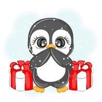 Natale carino pinguino con regali, vettore illustrazione