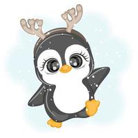 Natale carino pinguino con renna corna, vettore illustrazione