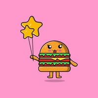 carino cartone animato hamburger galleggiante con stella Palloncino vettore