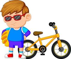 un' ragazzo in piedi su il bicicletta vettore