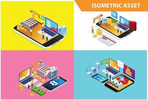 moderno 3d isometrico impostato collezione inteligente negozio in linea tecnologia illustrazione nel bianca isolato sfondo con persone e digitale relazionato risorsa vettore