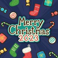 allegro Natale 2023 sparpagliato caramella carta kawaii scarabocchio piatto cartone animato vettore illustrazione