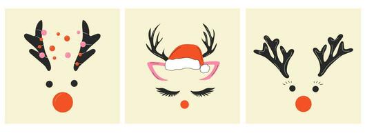 impostato di tre facce di un' carino Natale cervo con un' ghirlanda.vettore nel cartone animato stile. tutti elementi siamo isolato vettore