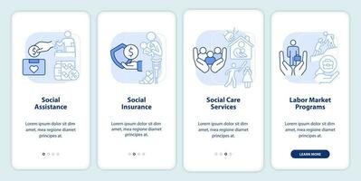 sociale protezione leggero blu onboarding mobile App schermo. Procedura dettagliata 4 passaggi grafico Istruzioni pagine con lineare concetti. ui, ux, gui modello. vettore