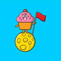 carino cartone animato Cupcake in piedi su Luna con bandiera vettore