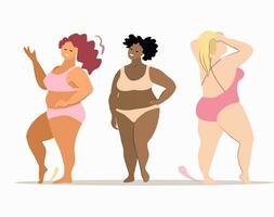 multirazziale donne di diverso altezza, figura genere e dimensione vestito nel costumi da bagno in piedi nel riga. femmina cartone animato personaggi. corpo positivo movimento e bellezza diversità. vettore illustrazione.