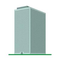un' moderno grattacielo edificio su un' bianca sfondo. Visualizza di il edificio a partire dal il parte inferiore. isometrico vettore illustrazione.