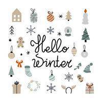 lettering Ciao inverno. nuovo anno e Natale. impostato di scarabocchio icone. vettore