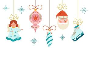 Natale sfondo con decorativo giocattoli. Natale ornamenti sospeso giù elegantemente. vacanza arredamento, carta, manifesto, invito, annuncio vettore