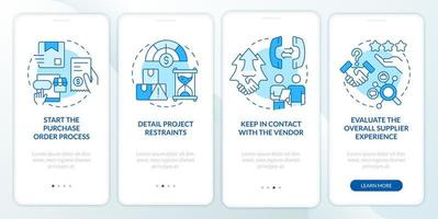 passaggi nel acquisto processi blu onboarding mobile App schermo. Procedura dettagliata 4 passaggi modificabile grafico Istruzioni con lineare concetti. ui, ux, gui modello. vettore