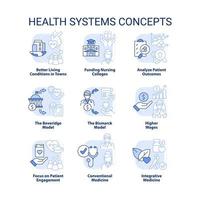 Salute sistemi leggero blu concetto icone impostare. assistenza sanitaria trasformare idea magro linea colore illustrazioni. integrativo medicinale. isolato simboli. modificabile ictus. vettore