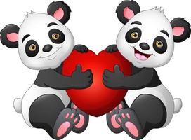 cartone animato coppia panda con un' rosso cuore vettore