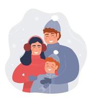 contento famiglia abbracci. mamma, papà, figlio nel inverno insieme nel caldo Abiti. vettore grafica.