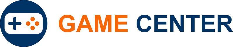 gioco centro, vettore. gamepad logo e iscrizione gioco centro nel arancia e blu su un' bianca sfondo. vettore