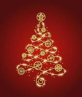 d'oro Natale albero fatto di oro filo con ingranaggi, scintillii, poco sparpagliato stelle su un' rosso sfondo nel steampunk stile. delicato merlettato forma con loop. vettore illustrazione
