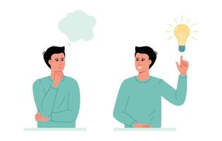 uomini pensare con pensare bolla simbolo e contento uomo puntamento su su leggero lampadina che rappresentano idea, soluzione nel il pensato bolla