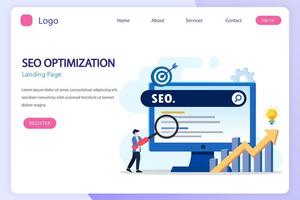 concetto di ottimizzazione seo, sviluppo di siti Web, imprenditore, web aziendale, analista di dati, illustrazione con icone e carattere. stile modello vettoriale piatto adatto per pagine di destinazione web.