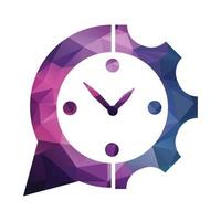Chiacchierare bolla e orologio combinato con Ingranaggio. automazione Chiacchierare logo concetto design. vettore