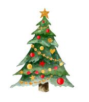 acquerello Natale albero con colorato rosso e oro giocattoli e ghirlande. mano dipinto illustrazione di sempreverde abete rosso per nuovo anno cartoline e saluto carte. isolato elemento su bianca sfondo vettore