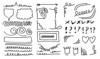 doodle linee vettoriali e curve. segni di controllo e frecce disegnati a mano. insieme di semplici linee di doodle, curve, cornici e punti. raccolta di effetti a matita. bordo di scarabocchio. semplice set di scarabocchi.