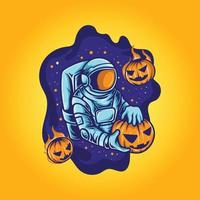 astronauta celebrare Halloween con zucca illustrazione vettore