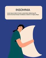 insonnia concetto. il ragazza abbracci il mezzaluna Luna e non può dormire a notte. medico volantino, modello, striscione. vettore illustrazione nel piatto stile