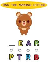 trova mancante lettera. kawaii orso. educativo ortografia gioco per bambini.educazione puzzle per bambini trova mancante lettera di carino cartone animato orso stampabile insetto foglio di lavoro vettore