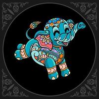 colorato carino elefante cartone animato mandala arti isolato su nero sfondo vettore