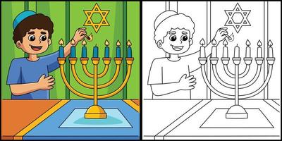 hanukkah ragazzo illuminazione menorah illustrazione vettore