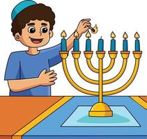 hanukkah ragazzo illuminazione menorah cartone animato clipart vettore